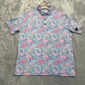 Deolax Polo Shirt Mens XL Blue Flamingo Tropical Floral SSM Golf Performance